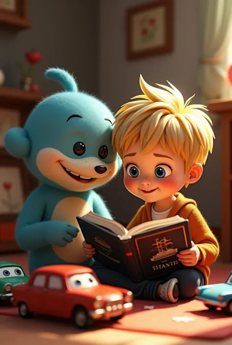 Huggy Wuggy and Unax ,  smiling at each other a  blond boy with short hair and blue eyes reading a book about the Titanic,  with car toys around and the 2 

