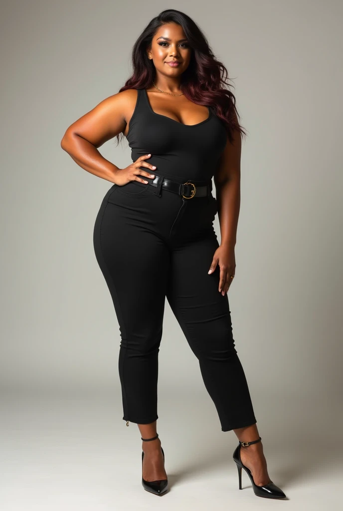 Design a full-body image of Sienna standing confidently, with a slight arch to her back to emphasize her feminine curves. Her wide, curvy hips and toned waist are showcased in a sleek outfit, paired with stylish heels. She has one hand resting on her hip, ...