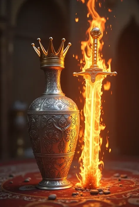 A royal silver with a kings crown and a smiling sword burning in fire 