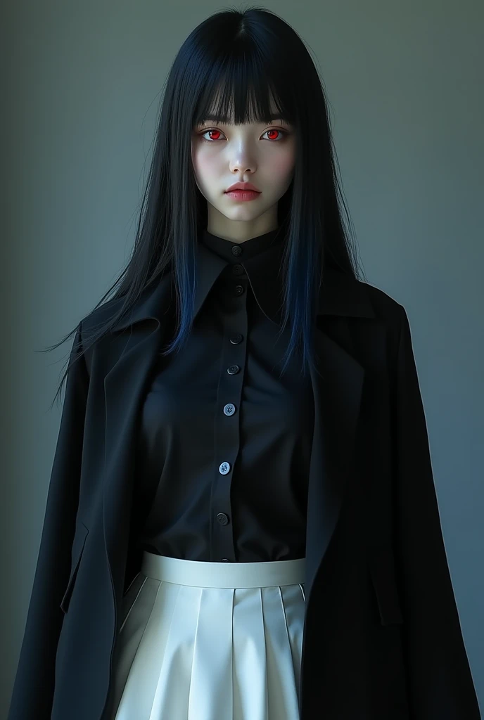 A vampire girl with red eyes ,  her waist-length hair with a bluish black fringe , with a serious expression.  She wears an all-black blouse accompanied by a white skirt and a thin black overcoat on top.