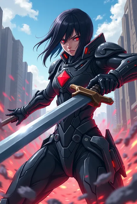 Anime, hot, black hair, sword, gear, full body view