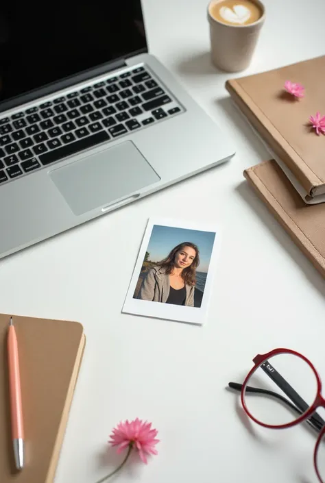  best quality,  portrait of a table with elements such as a laptop, journal, Womens diary and glasses with red frame ,  with a photo printed on the side  (flatlay style ).