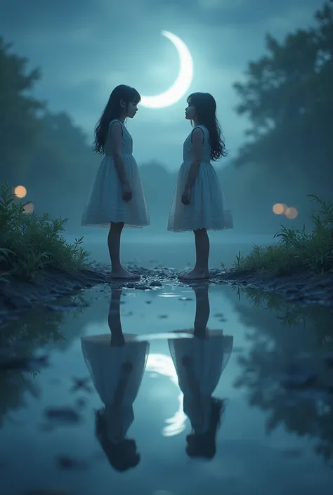 Photorealistic image of girls mirroring themselves in the water with a moon behind them