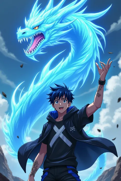  Seventeen-year-old anime boy with black hair with blue tips, gray eyes, marked and muscular physique with a scared black t-shirt, a black hooded jacket with a white X on the chest, black pants with navy blue with his right hand in the air, a dragon soaps ...