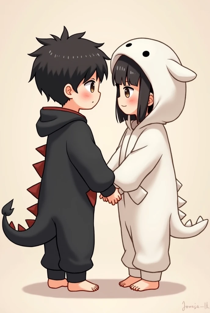  One boy has short cut black hair ,  Brown Eyes , wears cute black dragon pajamas and a hood 、 the other girl has black hair with short cut bob hair,   Brown Eyes ,  cute white sheep pajamas and a hood . Holding hands. Make them look like little s 、lover
 