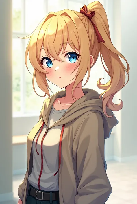 anime girl from England with blonde hair blue eyes and one ponytail pics in normal dress with a bit sly look on her face