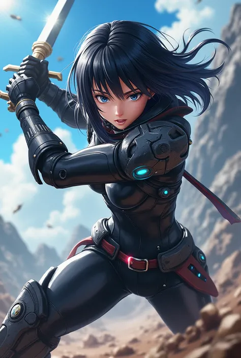 Anime, hot, black hair, sword, gear, full body view