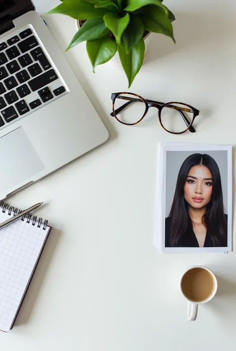  Best professional quality ,  A table with elements such as a laptop,  notebook and eyeglasses , with a photo of a beautiful medium brunette woman with straight and long black hair printed on the side (flatlay style ).