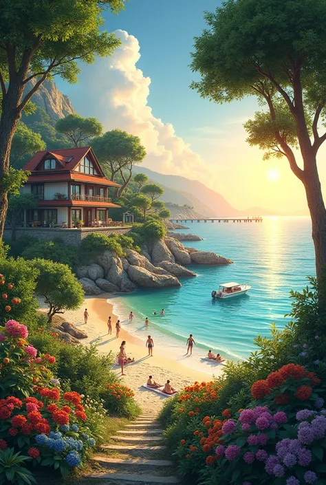  poplars with garden by the sea fruit trees flowers duplex house beach pier and "small motoryacht "  swimming on beach in the setting sun swimming women men  