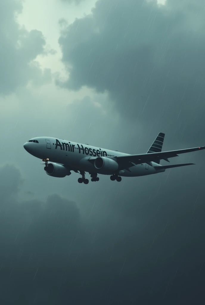 A large plane in the cloudy sky and rain with a large inscription that reads Amir HOSSEIN From Side View AND THE FOLLOWING IS THE TEXT OF AMIR HOSSEIN, "AIRPLANE OF STORMY DAYS."