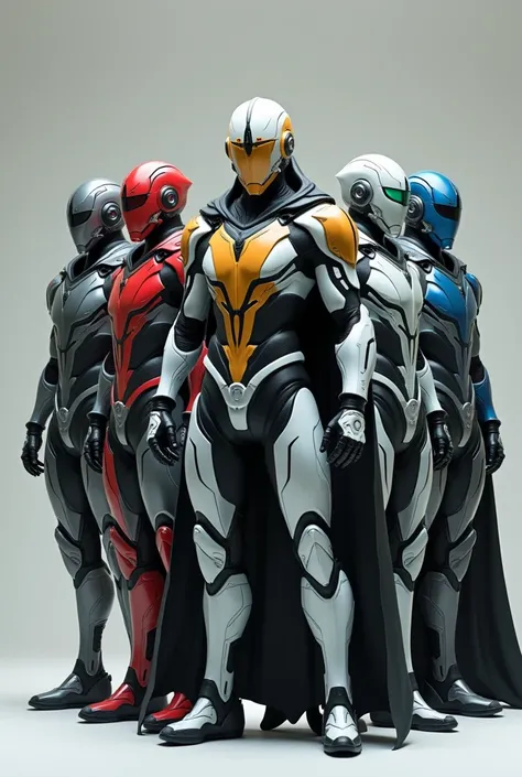 Generate a hyperrealistic image showing 5 futuristic humanoid characters standing, in a single image, with armors fully integrated into their bodies. The armor must be completely in the predominant color of each character, with matte steel gray as a base. ...