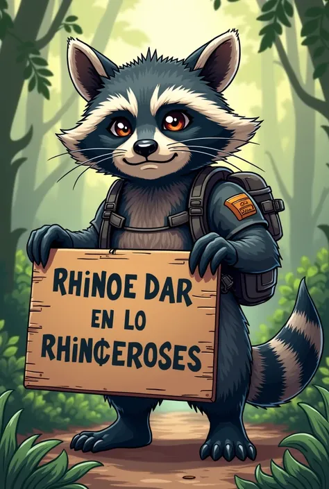 A rocket raccoon with a sign prohibiting the eating of rhinos in French