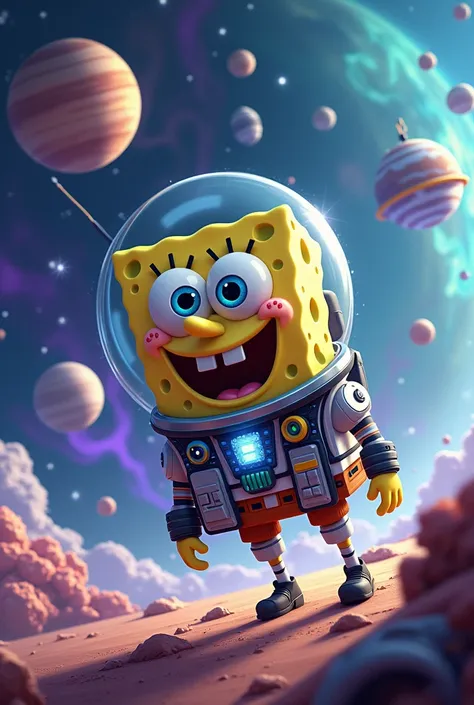 animation with planets , flying satellites and spongebob in a spacesuit.