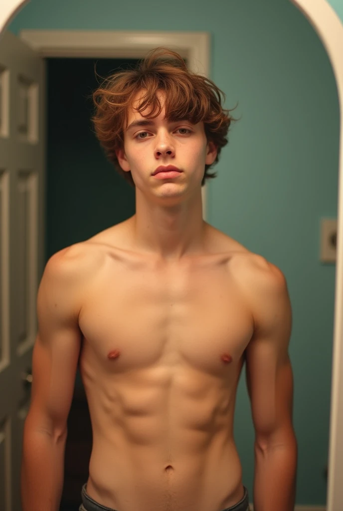 
 teenager taking a picture in the bathroom mirror , teenager with brown hair , wavy, short and with slightly marked abs and pectorals 
The mirror is from your waist up 