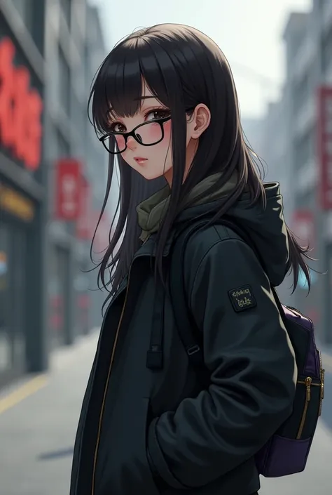 a girl standing outside, wearing glasses, in a black jacket, ((long hair)), a picture inspired by Zou Zhe, tumblr, realism, xintong chen, around 1 , qichao wang, huifeng huang, zhelong xu, xiaofan zhang, pengzhen zhang, zmonzheng, yihao ren, zezhou chen.