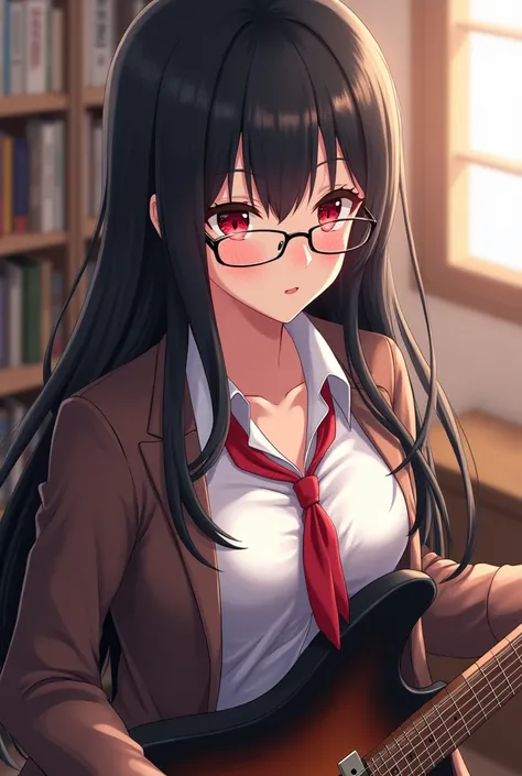 1 woman, pretty face ,elegant, red eyes, wear glasses, black long hair, teacher outfit, Untie the shirt ,she is playing guitar ,chest conspicuous ,mole under mouth, study room background . Bird eye view (HD picture ,  high-resolution , best quality,  Maste...