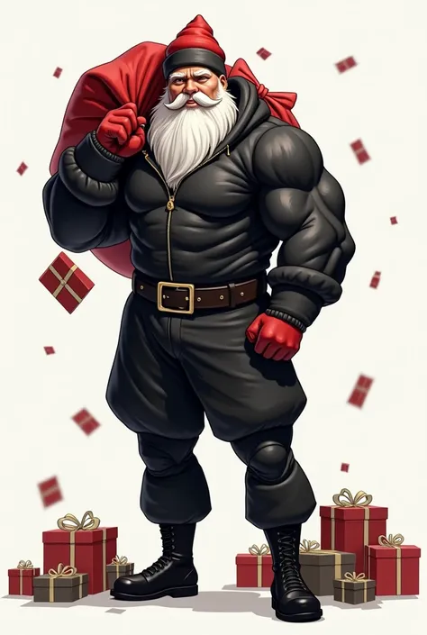 An illustration of an athletic man dressed as Santa Claus in black ,  boots with a smooth face without a beard carrying a bag of presents and some presents falling to the floor 