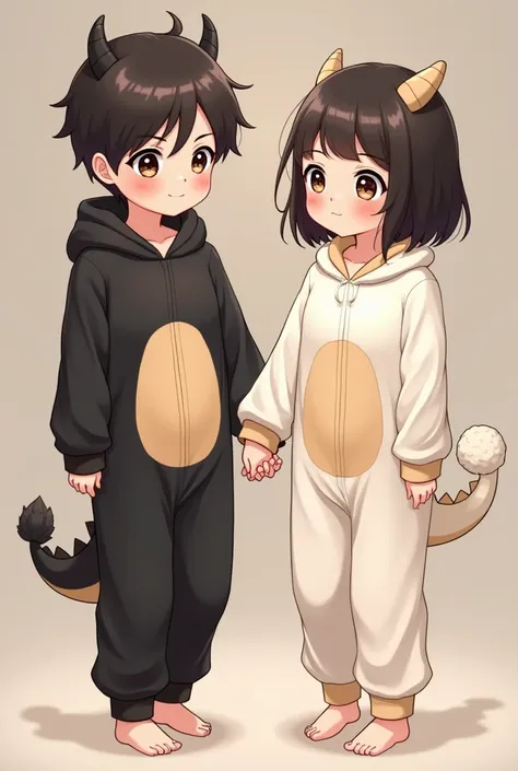 One boy is(Short-cut black hair,  Brown Eyes , wears cute black dragon pajamas and a hood )The other girl is(Short cut bob hair with black hair ,   Brown Eyes , Cute white sheep wearing pajamas with a round tail and hood) Holding hands. Make them look like...