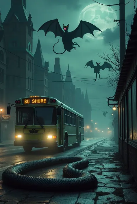 a scary bus stop, a bus approaches and a big black snake passes through a dark city and in the sky two witches flying and laughing