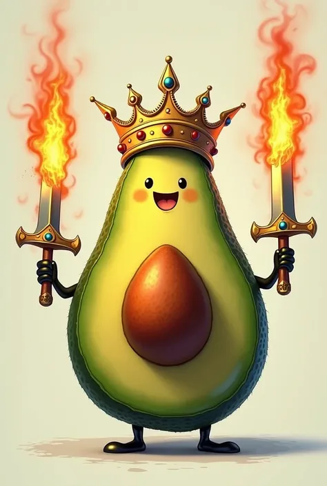 Half a royal avocado with a queens crown with laughter and with two swords burning in fire all around them 