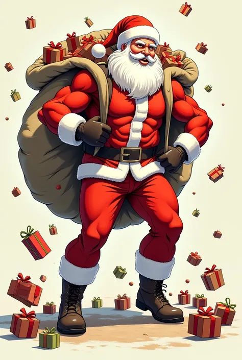 An illustration of an athletic man dressed as Santa Claus,  boots with a smooth face without a beard carrying a bag of presents and some presents falling to the floor