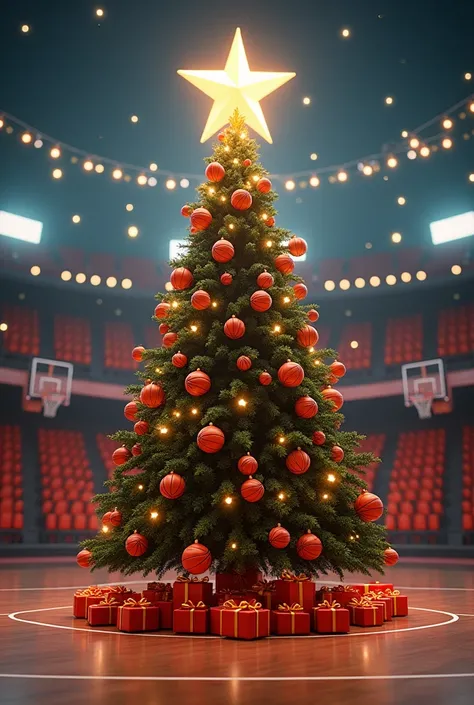  A Christmas tree in the middle of a basketball court adorned with backdrops in the shape of basketballs and lots of lights, with many basketball gifts at its base and a big star in the background that illuminates everything .