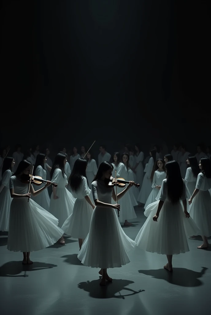 Girls and guys wearing white clothes dance with movements that reflect sadness and pain in a completely black room that has no light .At the center of the room stands a man who plays the violin carefully  