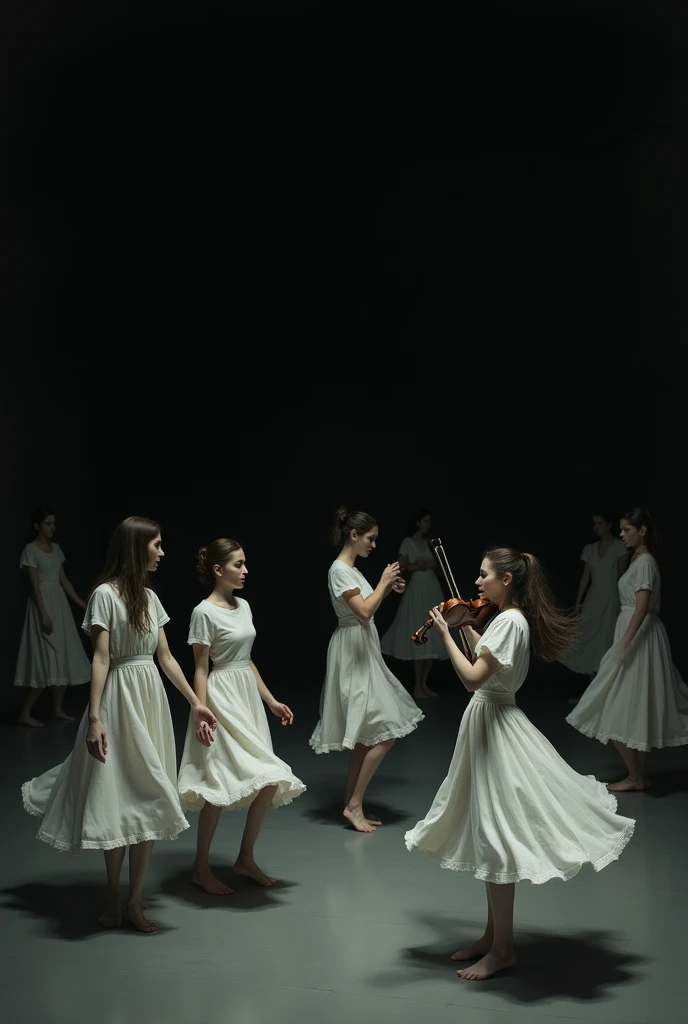 Girls and guys wearing white clothes dance with movements that reflect sadness and pain in a completely black room that has no light .At the center of the room stands a man who plays the violin carefully  