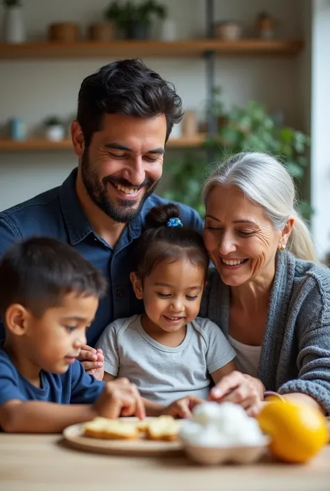  I have an online store with useful products for the whole family .  I need an image that emulates that idea to hang it as part of the logo of my store .  I would like only 5 members of a family to appear in the image : Mama, table, Son,  Daughter and Gran...