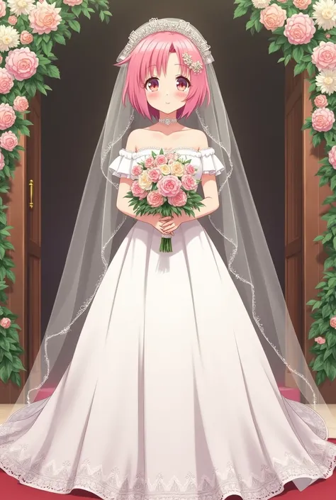 Sakura Haruno, ((One)), One, bride,  face in white wedding dress,  queen, happy, ((show forehead)),  duration , entrance to the church,  pink hair,  short hair, delicate, young,  short hair,  detailed face, high definition, (( full body)), (flowers around ...