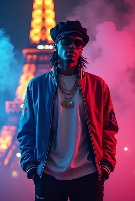 A realistic stylish rapper with a beret and a French flag-inspired jacket, surrounded by neon Eiffel Tower lights and smoke swirling around.
