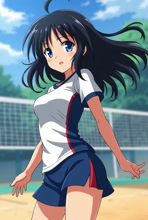 Anime character ,  Kageyama Tobios twin sister ,  short girl with shapely shapes , long black hair blue eyed Haikyuu anime