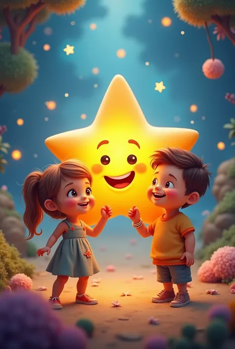 a smiling girl and a boy and a bright star with friendly eyes and mouth