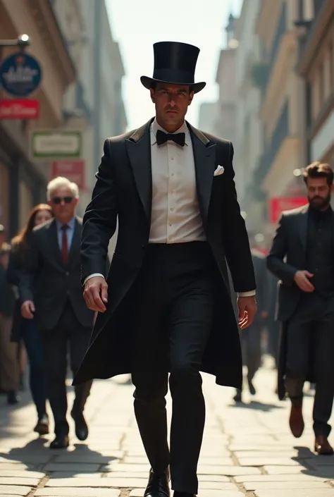 Adult man in a tuxedo suit and top hat ,  walking down the street and belittling other people who pass by him