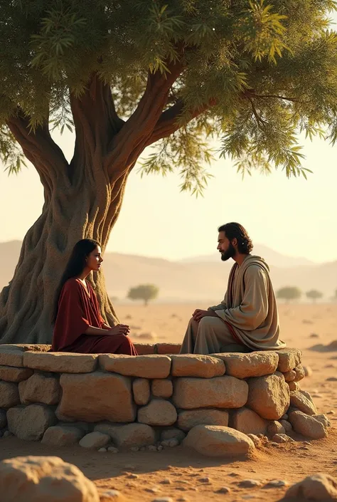  Make me an image of a well in Israel , stone,  an acacia tree above , Next to the well ,  Jesus of Nazareth sitting on the stones on the wall of the edge of a well,  and the Samaritan woman looking at it so that she shows herself from behind ,  like Jesus...