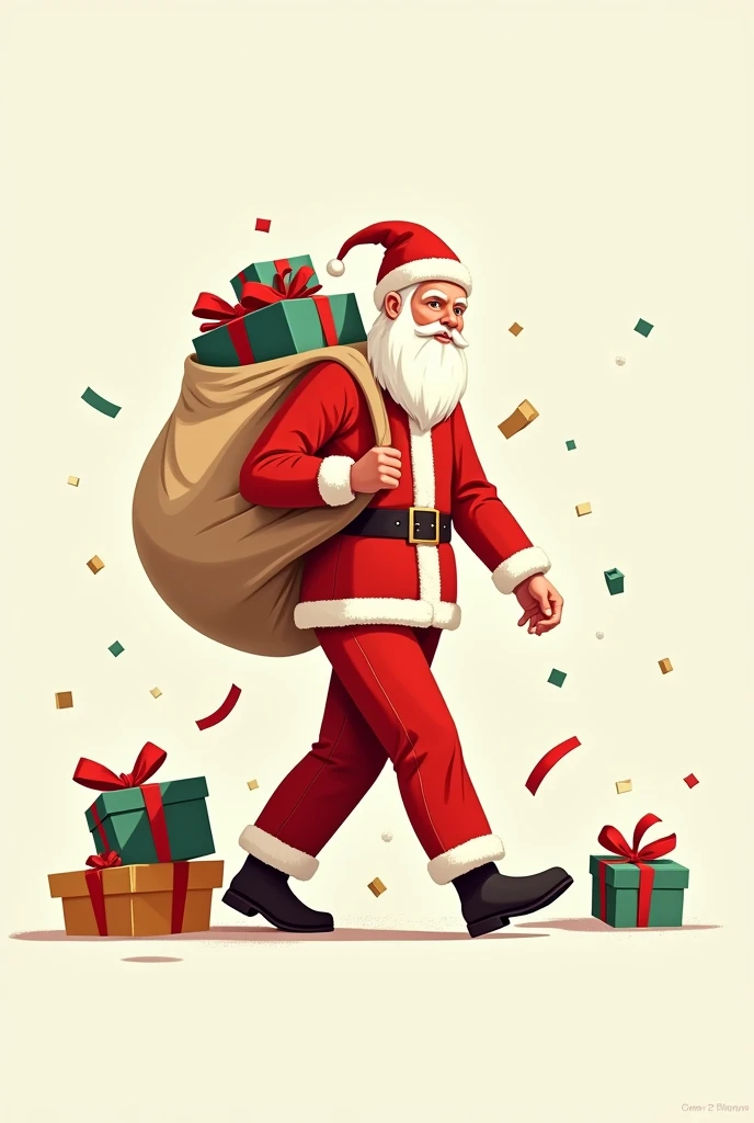 An illustration of a skinny man dressed in Santa Clauss red outfit in black boots, with a smooth face without a beard , looking forward carrying a bag of presents and some presents falling on the floor 