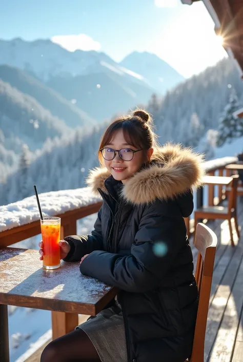 Create a wide-angle, full-body photorealistic image of a distinctly Japanese 18-year-old woman in high resolution, 8K quality.

CRITICAL FOCUS - OUTDOOR MOUNTAIN CAFE SETTING:
- Set on a large open-air wooden deck terrace of a mountain cafe
- Completely ou...