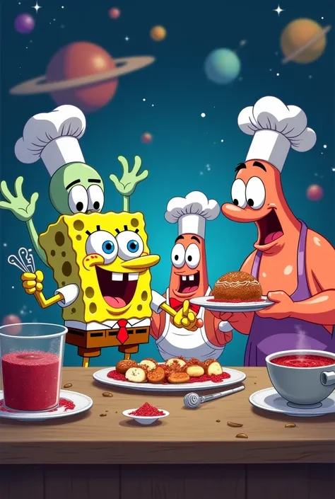 cooks in the form of spongebob friends in space prepare borsch and sweets!