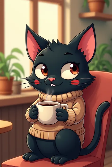 A black cat cartoon drinking coffee or anime style