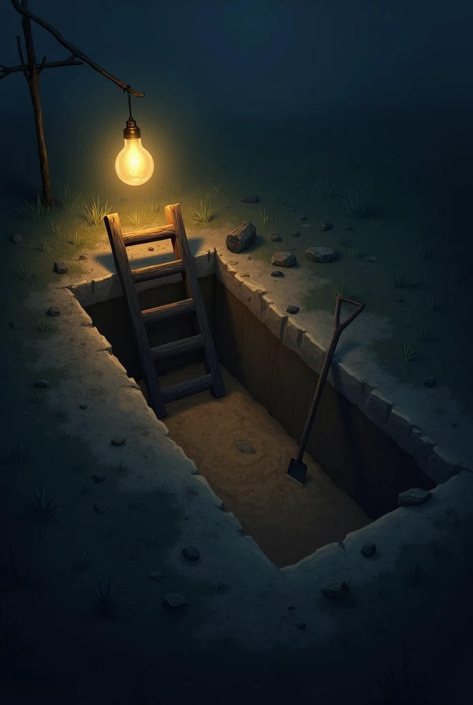 A freshly dug rectangular grave at night, illuminated by a single hanging light bulb. A wooden ladder descends into the grave, and a shovel is placed on the edge of the dug-out dirt. The surroundings have a dim, serene atmosphere, with soft shadows cast by...