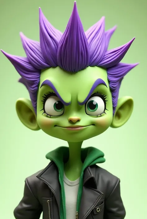 A green cartoon character with purple edgy hair which says wait
Make it only show the face 
Without the tongue thing make him wear clothes
Make him like saying nah