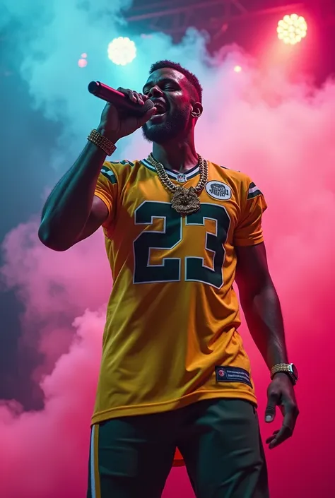 A realistic football player-rapper with a huge gold chain, wearing a yellow and green jersey, holding a mic and singing, with neon lights and magical smoke floating around.	