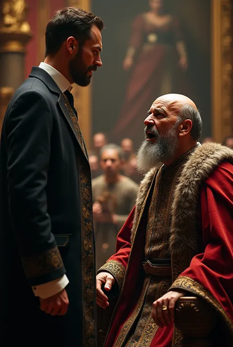 A very clear ultra HD dynamic image of"The minister speaking calmly to the king, standing with a composed expression, while the king looks furious and in pain."
