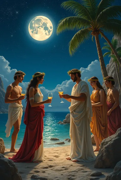  A paradisiacal island under a starry sky . Dioniso, the god of wine ,  is surrounded by nymphs and satyrs who celebrate with dances and golden glasses. Ariadne,  dressed in silk robes ,  is at the center of the scene ,  looking at Dionysus with fascinatio...