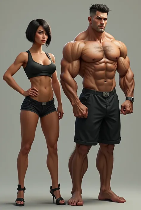 She is really flat tits and very mudcular and short hair he is more muscular and has no tatoo with hary chest