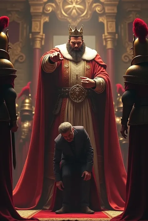 A very clear ultra HD dynamic image of"The king, fuming with rage, points his finger at the minister, ordering his punishment while the guards prepare to arrest him."