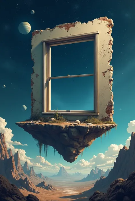 a piece of land levitating in space with stars and planets on which a piece of wall has been demolished, with a window in which nothing can be seen
The window has to be like in normal house but is just empty 