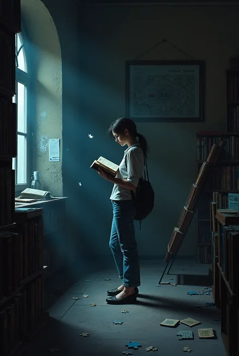  in an old, dusty library,  Renata holds a worn-out book while a faint blue glow seems to emanate from its pages.   Puzzle fragments seem to float in the air ,  surrounding the characters ,  while a map of the town hanging on the wall marks the church with...