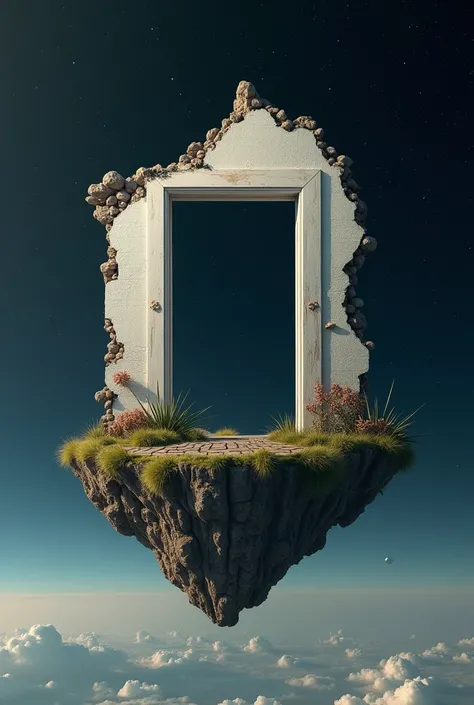 a piece of land levitating in space with stars and planets on which a piece of wall has been demolished, with a window in which nothing can be seen
The window has to be like in normal house but is just empty 
Remove anyhing from the window there has to be ...