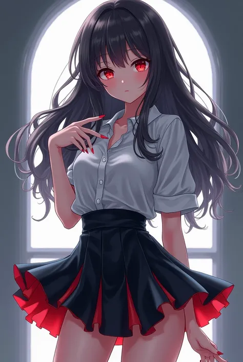  pretty girl , in anime style, with red eyes ,  with long wavy hair ,  skirt with hidden hair coloring of white light on the outside and black on the inside,  second-size chest ,  dressed in a white shirt and dressed in a black and short , with long nails